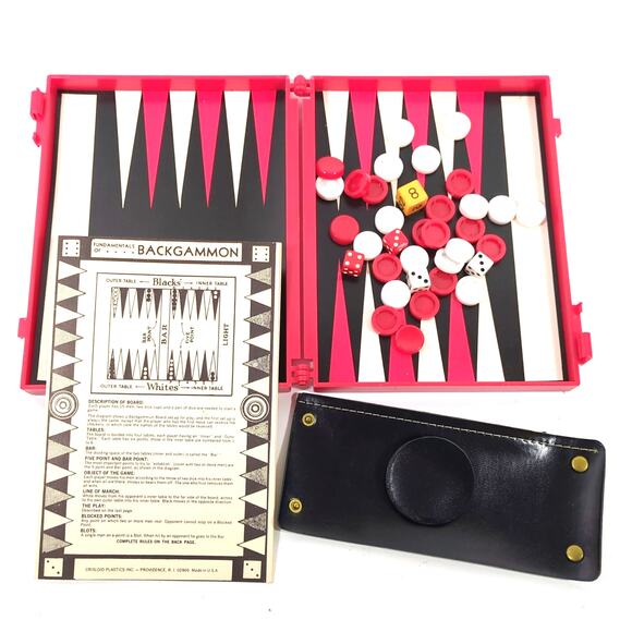 VTG Crisloid Backgammon Set Red Plastic Travel Size Complete in Box w/ Case - Picture 2 of 3